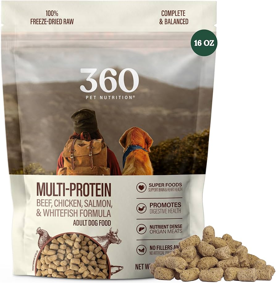 360 pet nutrition multi-protein dog food kibble bag