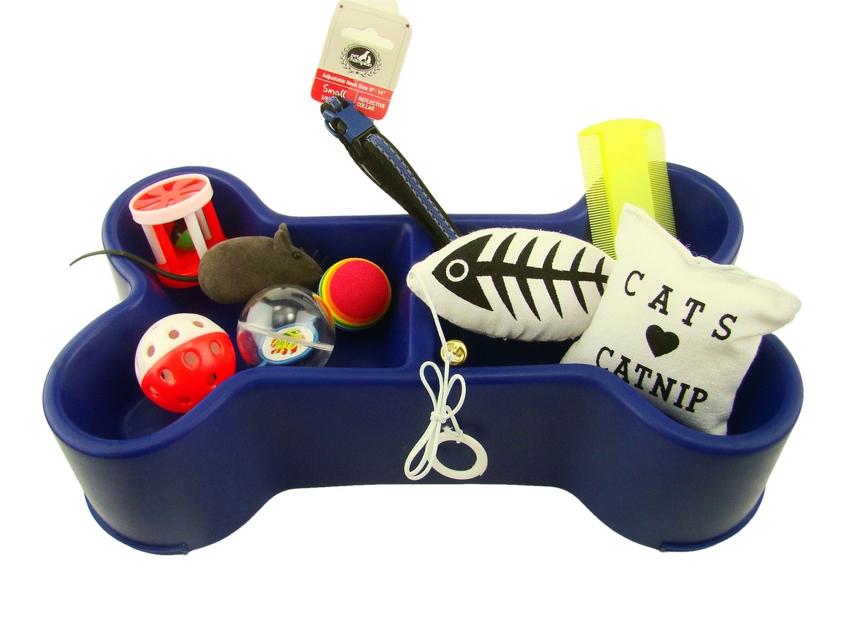 Assorted cat toys, collar, and grooming kit with bone holder